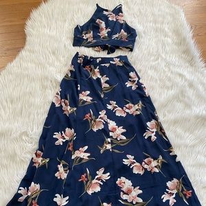 Floral two piece halter top and skirt with slit